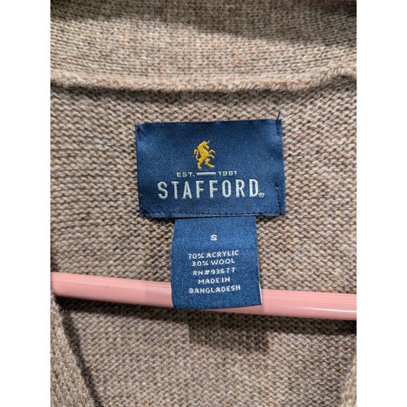 Stafford Mens Brown Pockets Wool Front Button Cable Knit Cardigan Sweater Size S - Picture 3 of 7